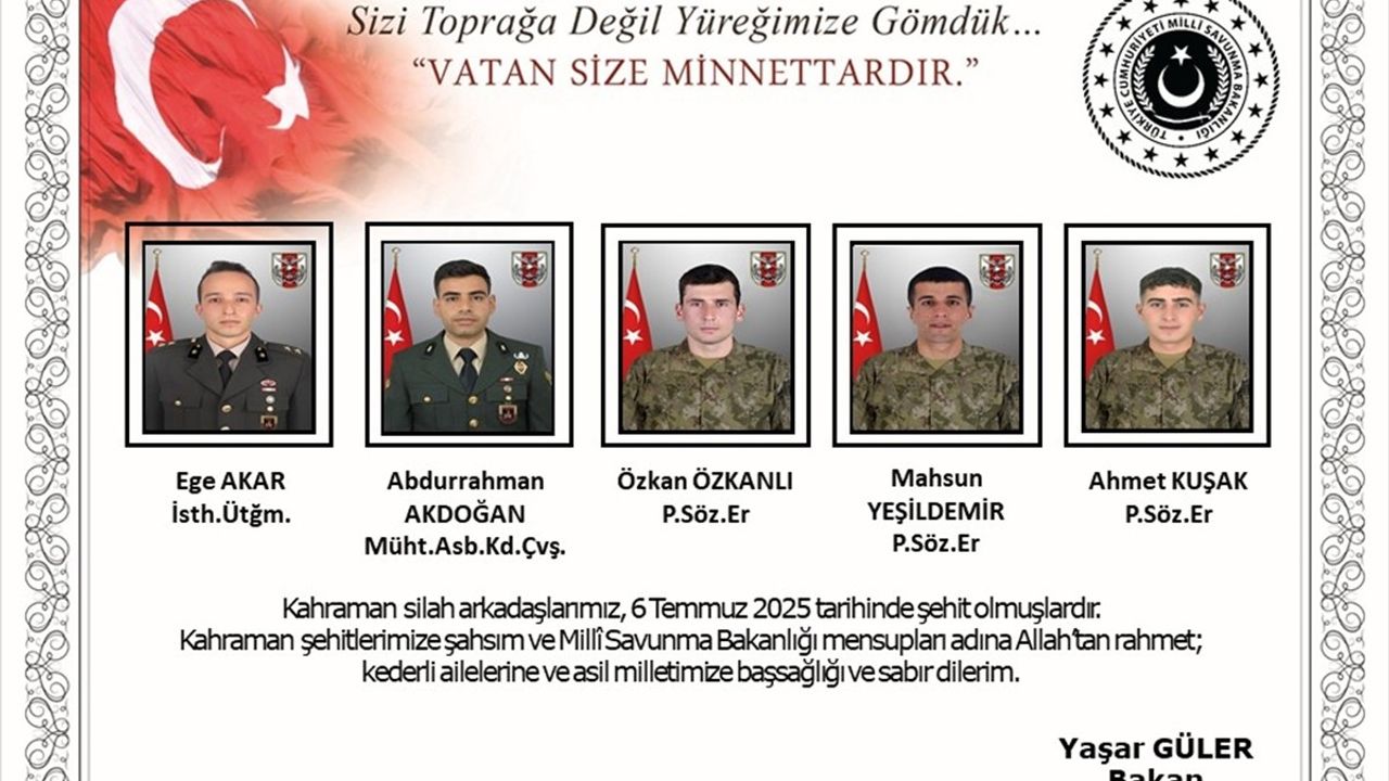 Milli Savunma Bakanı Güler'den Şehit Askerlere Başsağlığı Mesajı