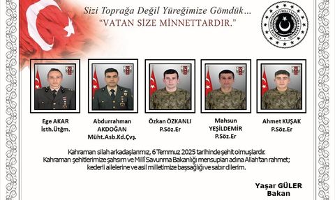 Milli Savunma Bakanı Güler'den Şehit Askerlere Başsağlığı Mesajı