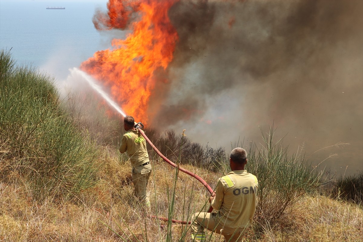 Tekirdağ'ın Şarköy ilçesinde makilik alanda çıkan yangına havadan ve karadan müdahale ediliyor....
