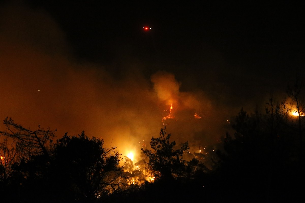 Muğla'nın Milas ilçesinde çıkan orman yangınına, havanın kararmasıyla karadan müdahale devam...