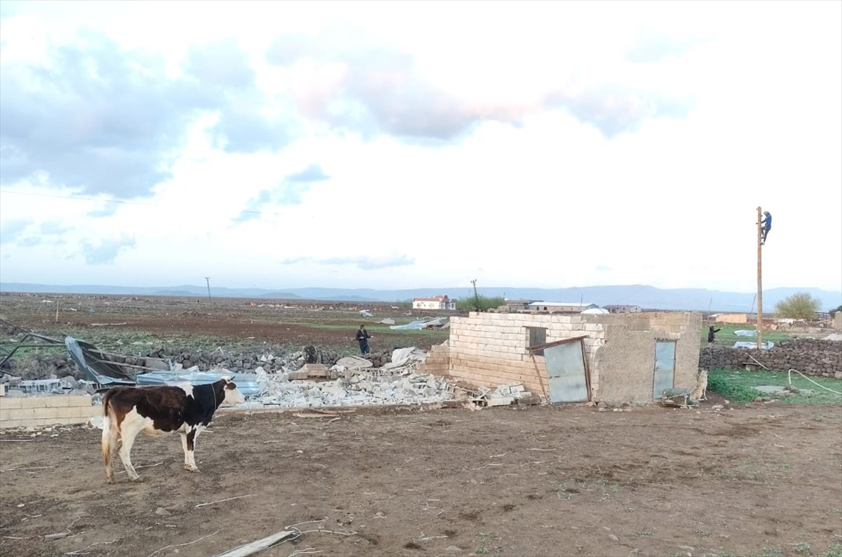 Mardin'in Derik ilçesinde hortum ve şiddetli rüzgar nedeniyle depo, bazı elektrik direkleri, 7...
