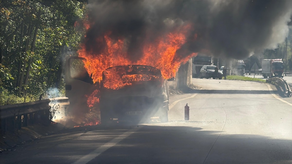 Anadolu Otoyolu'nun Sakarya kesiminde seyir halindeyken yanan kamyonet, itfaiye ekipleri...