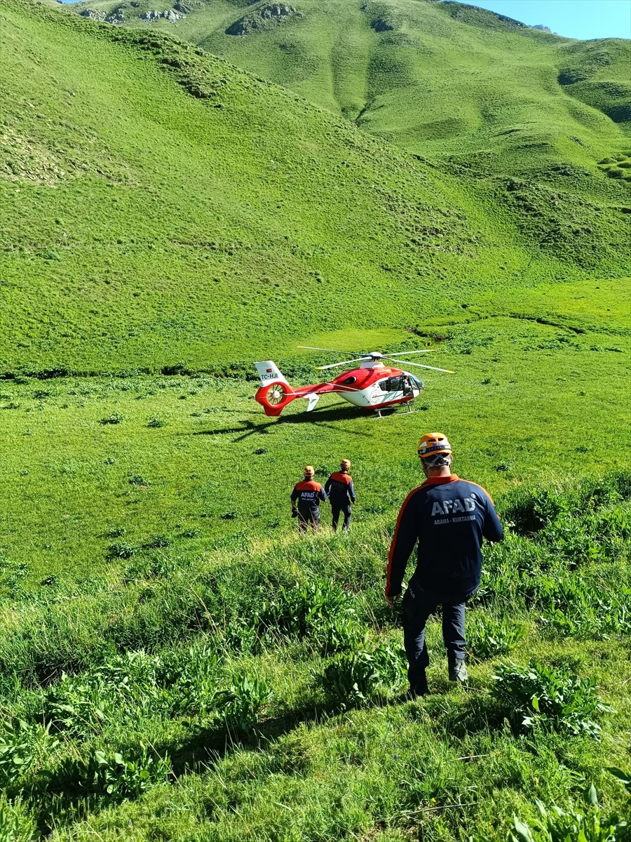Van'ın Gevaş ilçesinde dağlık alanda ayağı kayaların arasına sıkışan kişi, ambulans helikopterle...