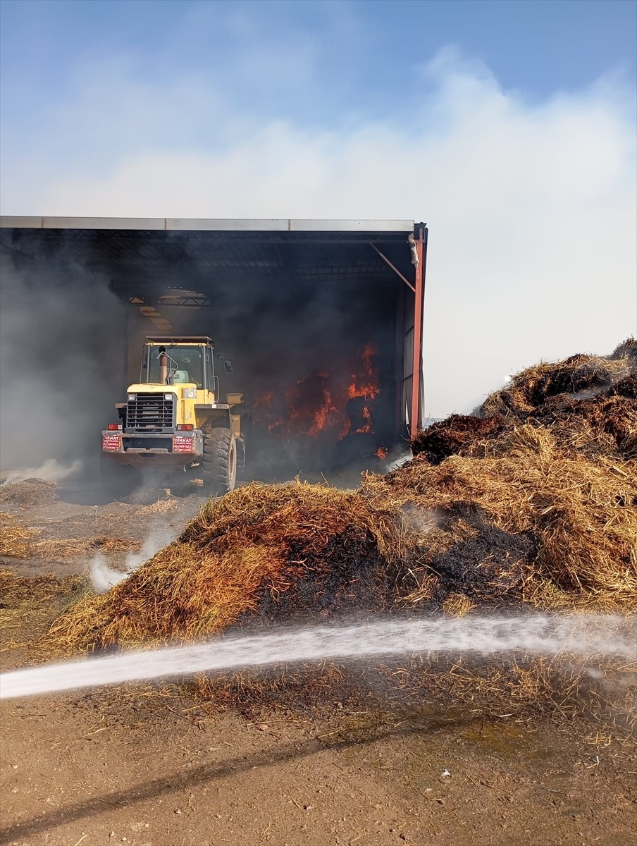Balıkesir'in Burhaniye ilçesinde bir tarım işletmesinde samanların bulunduğu alanda çıkan yangın...