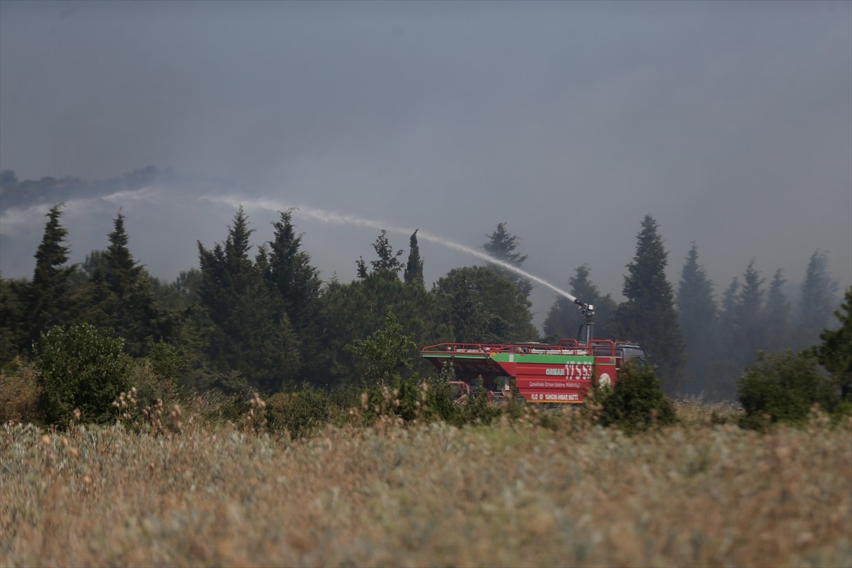 Çanakkale'de merkeze bağlı Özbek köyündeki tarım arazisinde çıkan yangına havadan ve karadan...