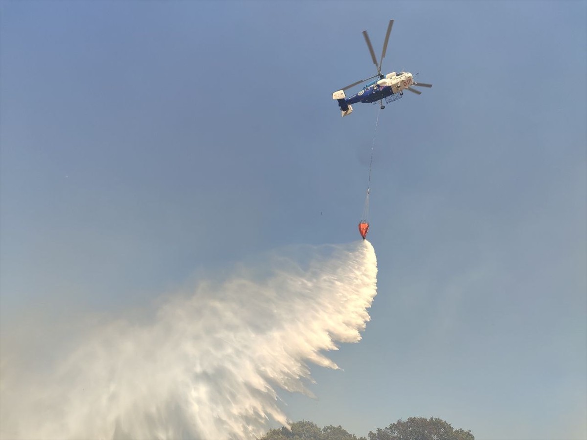 Çanakkale'nin Bayramiç ilçesinde tarım arazisinde çıkan yangına havadan ve karadan müdahale...