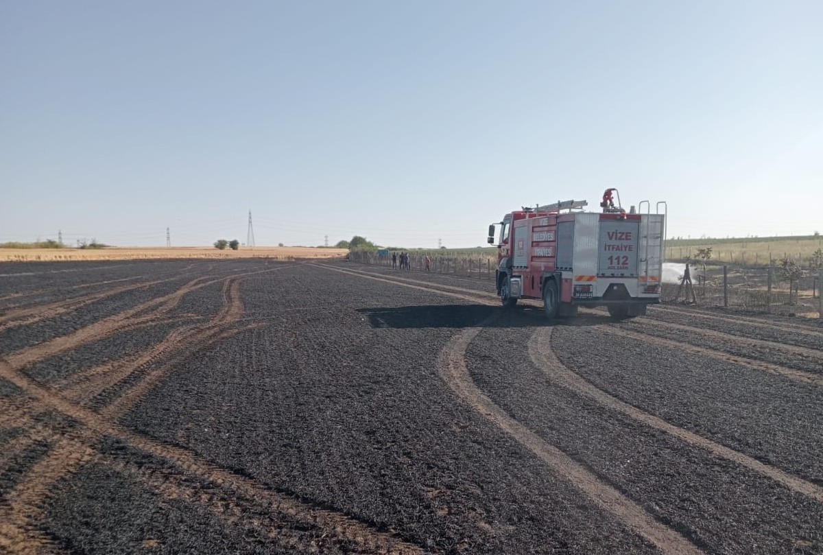 Kırklareli'nin Vize ilçesinde çıkan yangında 12 dekar hasat edilmemiş buğday ekili tarım arazisi...