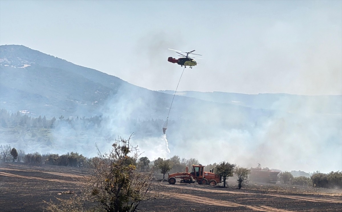 Uşak'ta arpa tarlasında başlayıp makilik alana sıçrayan yangına havadan ve karadan müdahale...