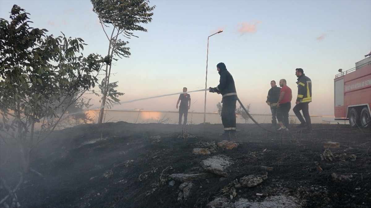 Atatürk Havalimanı sınırları içerisindeki otluk alanda çıkan yangın, itfaiye ekiplerinin...
