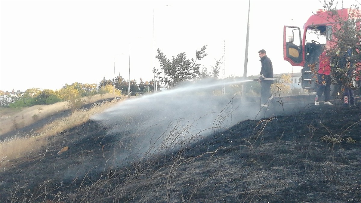 Atatürk Havalimanı sınırları içerisindeki otluk alanda çıkan yangın, itfaiye ekiplerinin...