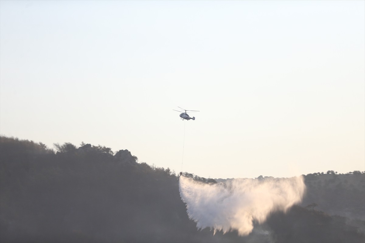 Çanakkale'nin Ayvacık ilçesinde çıkan orman yangınının kontrol altına alınması için havadan ve...