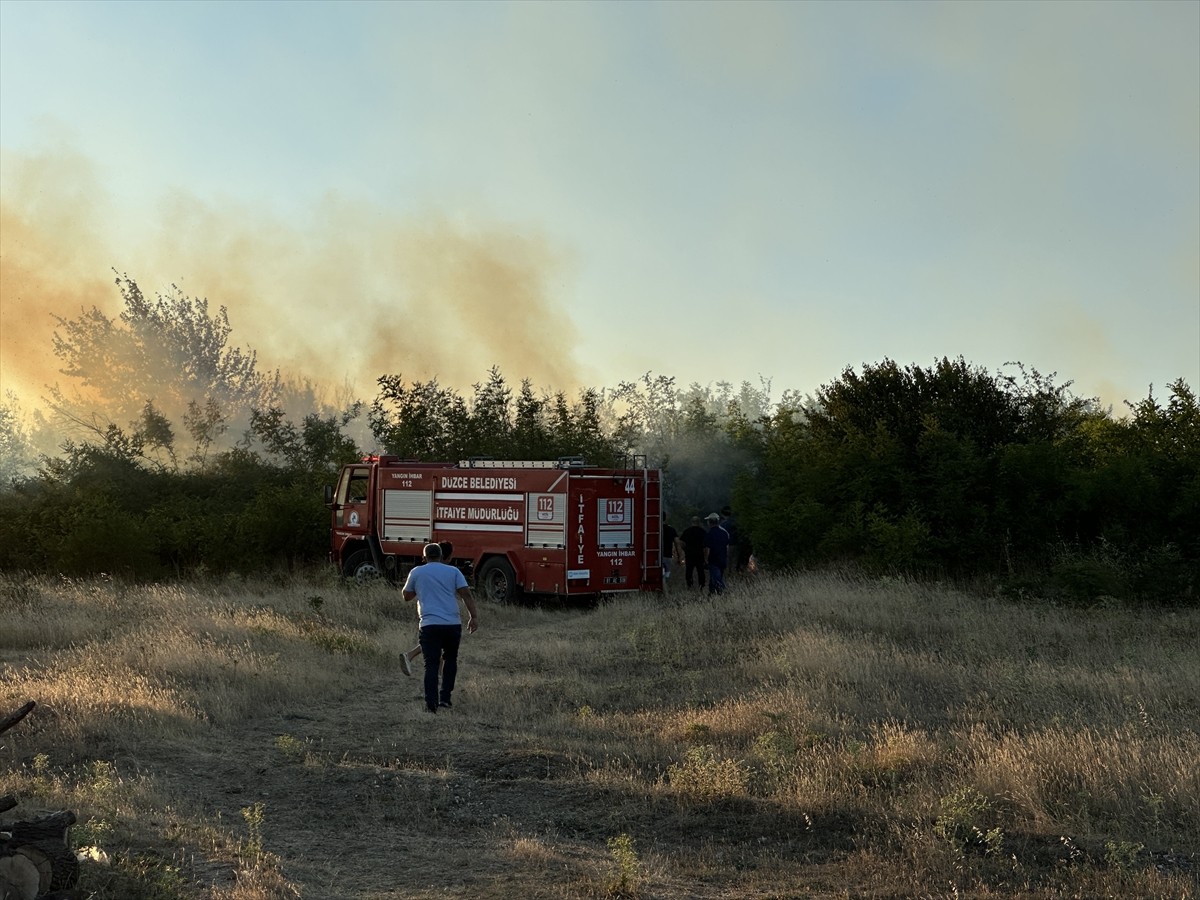 Düzce'de Konuralp bölgesi Tepecik Mahallesi kırsalında otluk alanda çıkan örtü yangını itfaiye...