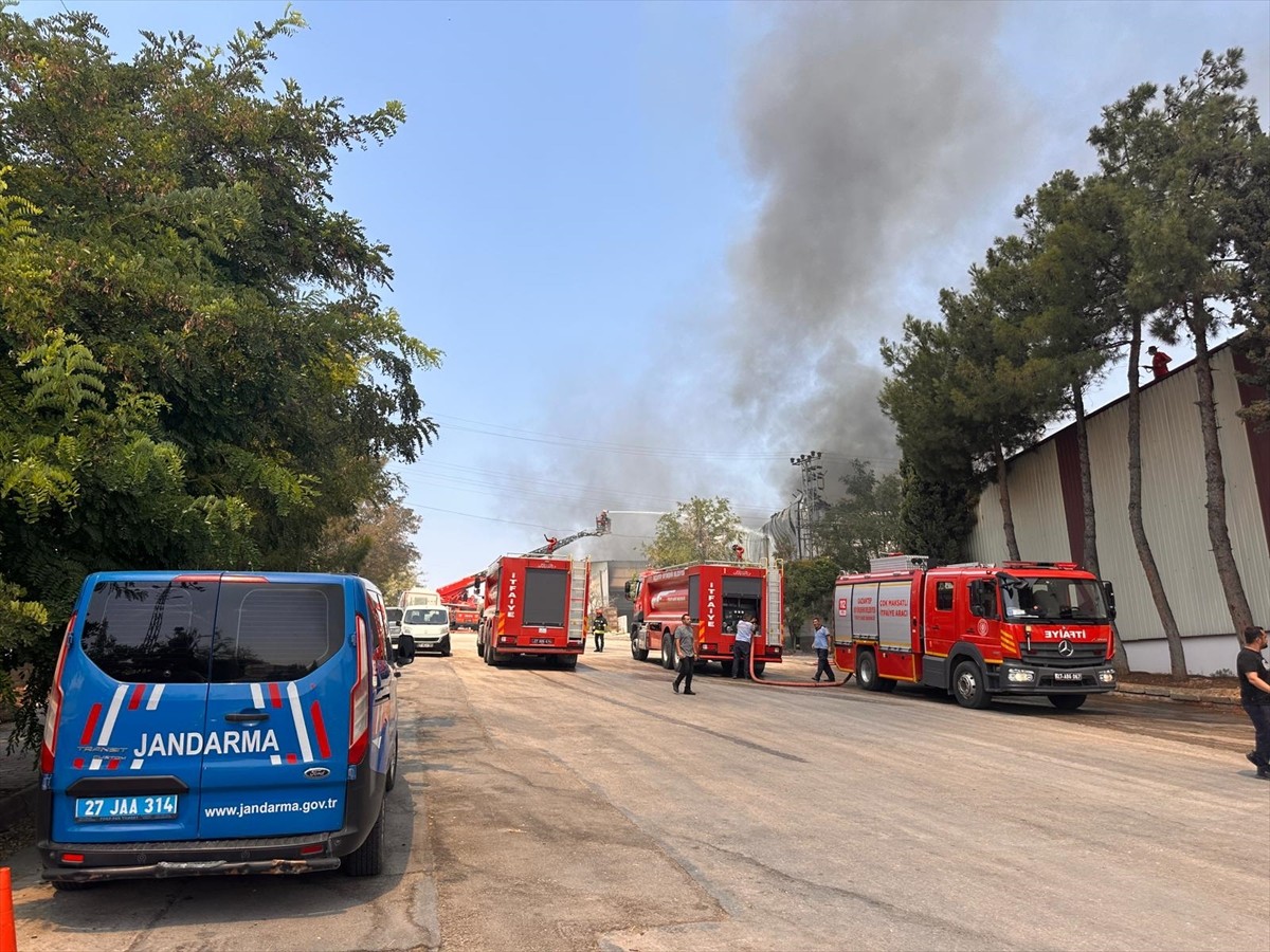 Gaziantep'in Oğuzeli ilçesinde halı fabrikasında çıkan yangına müdahale ediliyor.