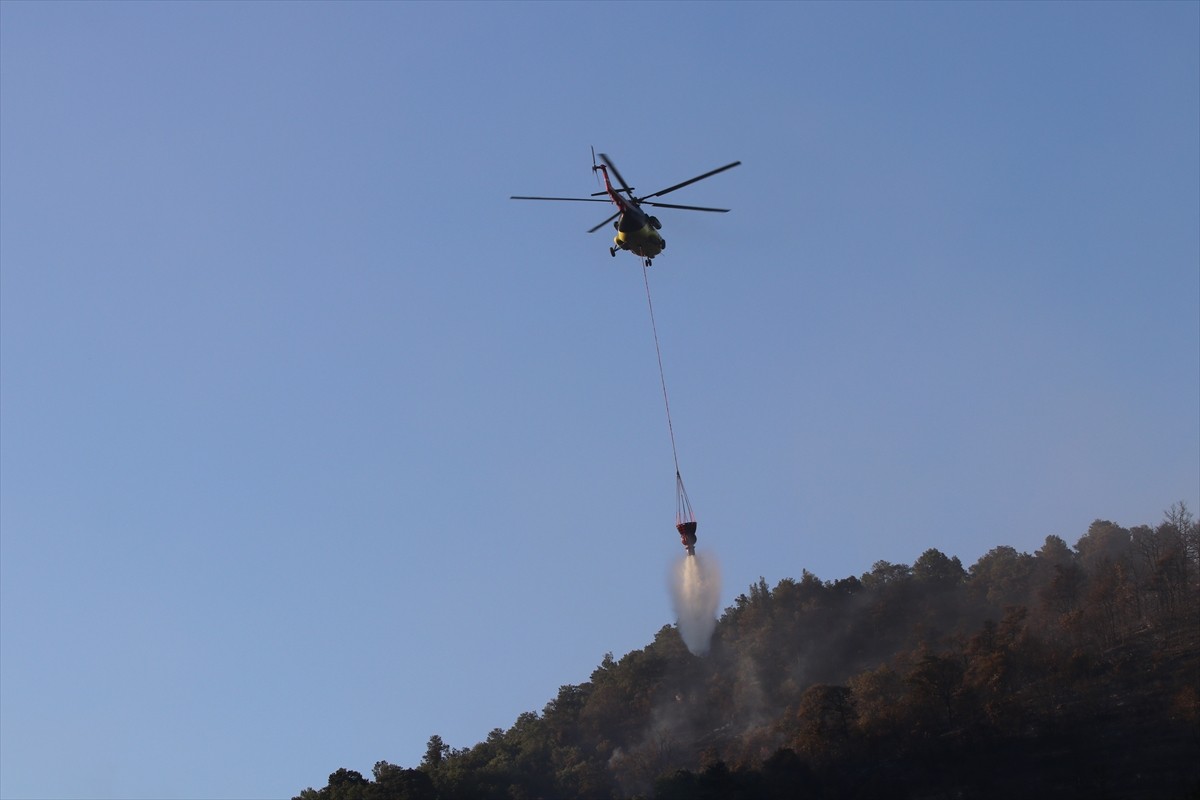 Kocaeli'nin Derince ilçesinde makilik ve ağaçlık alanda çıkan yangını söndürme çalışmaları havadan...