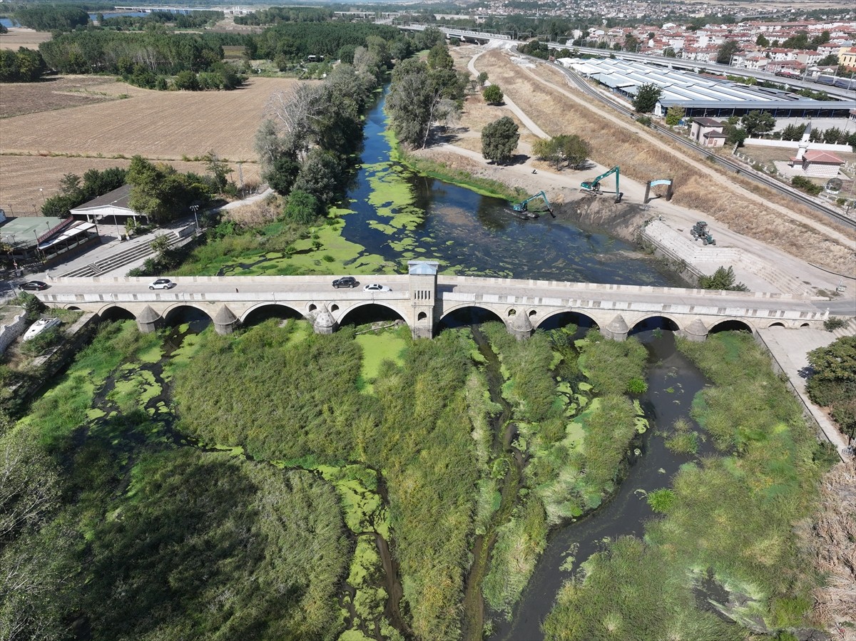 Edirne'de kuraklık ve tarımsal sulamaya bağlı olarak su seviyesi düşen Tunca Nehri'nin yatağında...