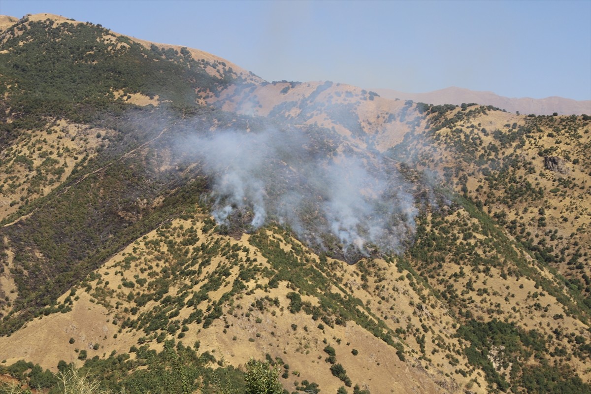 Hakkari'nin Şemdinli ilçesinde ormanlık alanda çıkan yangının söndürülmesi için helikopter...