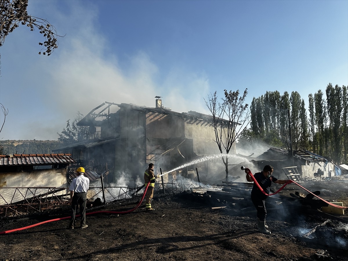 Uşak'ta otluk alanda çıkan yangında, 2 katlı ev ve ahır kullanılamaz hale geldi.